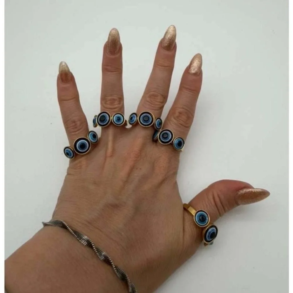 Gold Evil Eye Ring Stainless Steel Blue Nazar Protection‎ Statement Ring Size 8